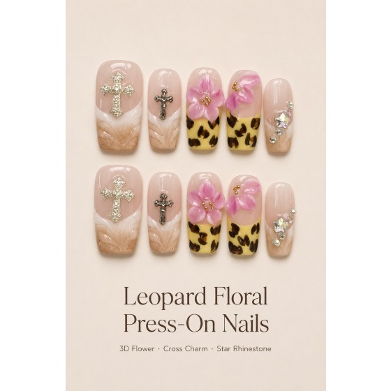 Retro Leopard Cross Charm Press‑On Nails, Nude Medium‑Long T‑Shape False Nails with 3D Pink Flower & Star AB Rhinestones